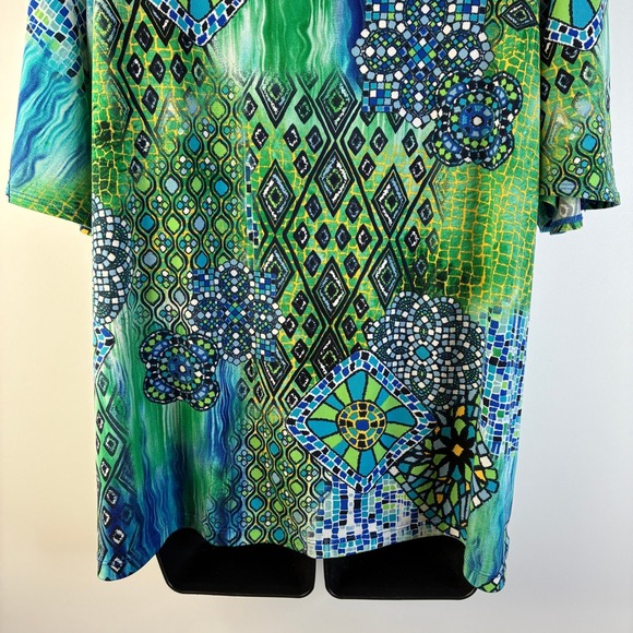 Susan Graver Women Large Green Blue Mosaic Geometric Tunic Top Split Sleeve Ring - Picture 15 of 16